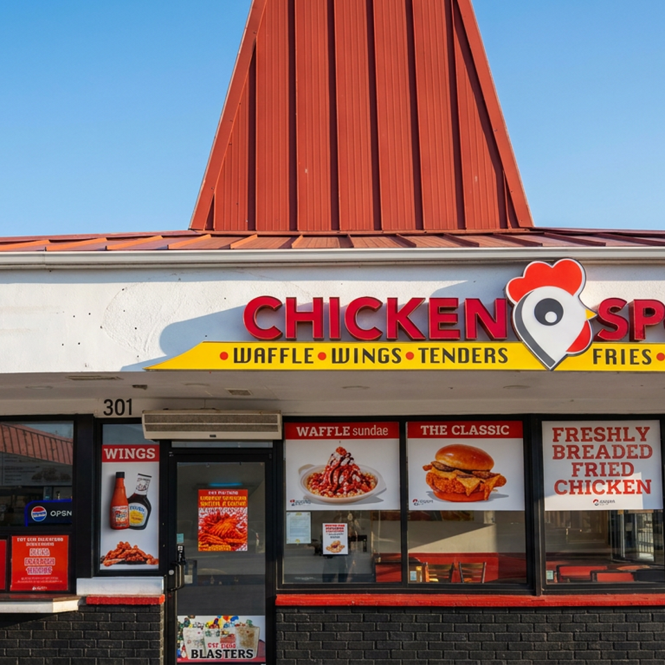 Chicken Spot restaurant storefront with red rooftop sign, menu photos, and windows advertising waffles, wings, tenders, fries, and shakes.