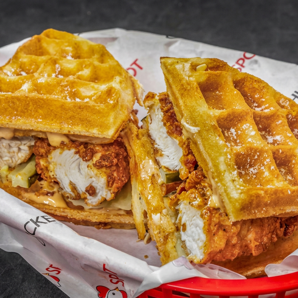 Two crispy fried chicken sandwiches made with golden waffles, powdered sugar, and sauce, served in a red basket.