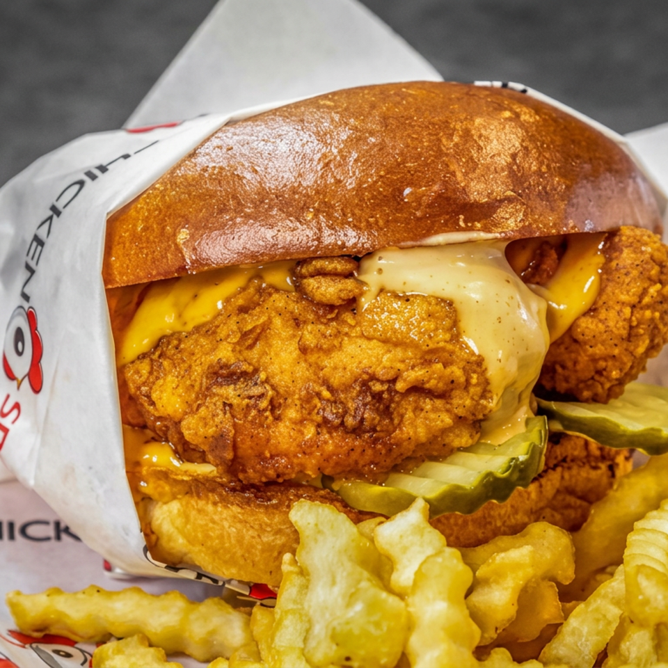 Crispy fried chicken sandwich with melted cheese, pickles, and sauce alongside crinkle-cut fries in branded Chicken Spot wrapping.