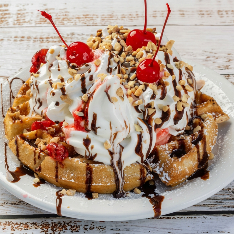 Belgian waffle topped with whipped cream, chocolate sauce, chopped nuts, strawberries, and cherries on a white plate.