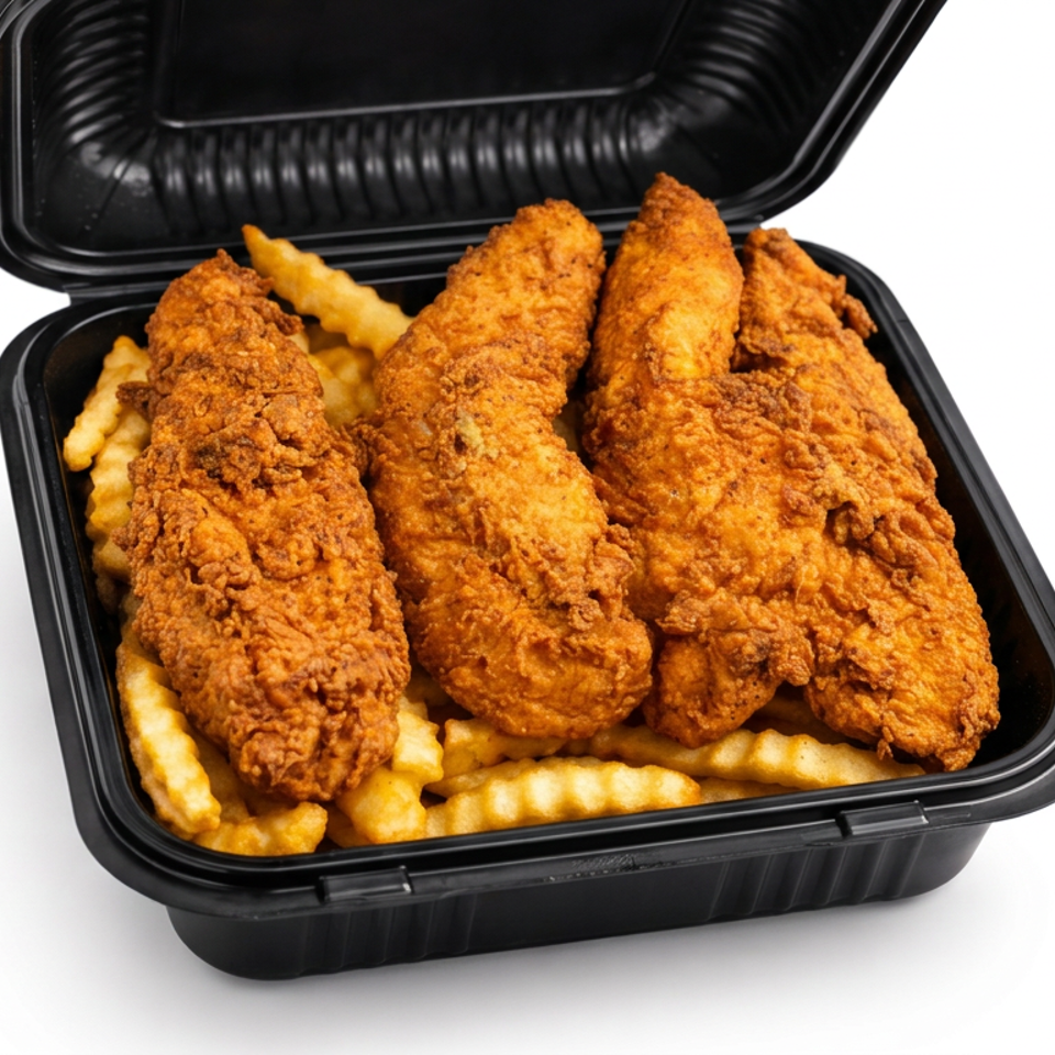 Open black takeout container filled with crispy fried chicken tenders and crinkle-cut fries.