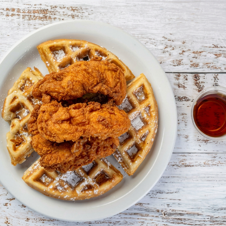 Crispy fried chicken pieces served over powdered-sugar-dusted waffles with a small cup of syrup on a rustic white table.