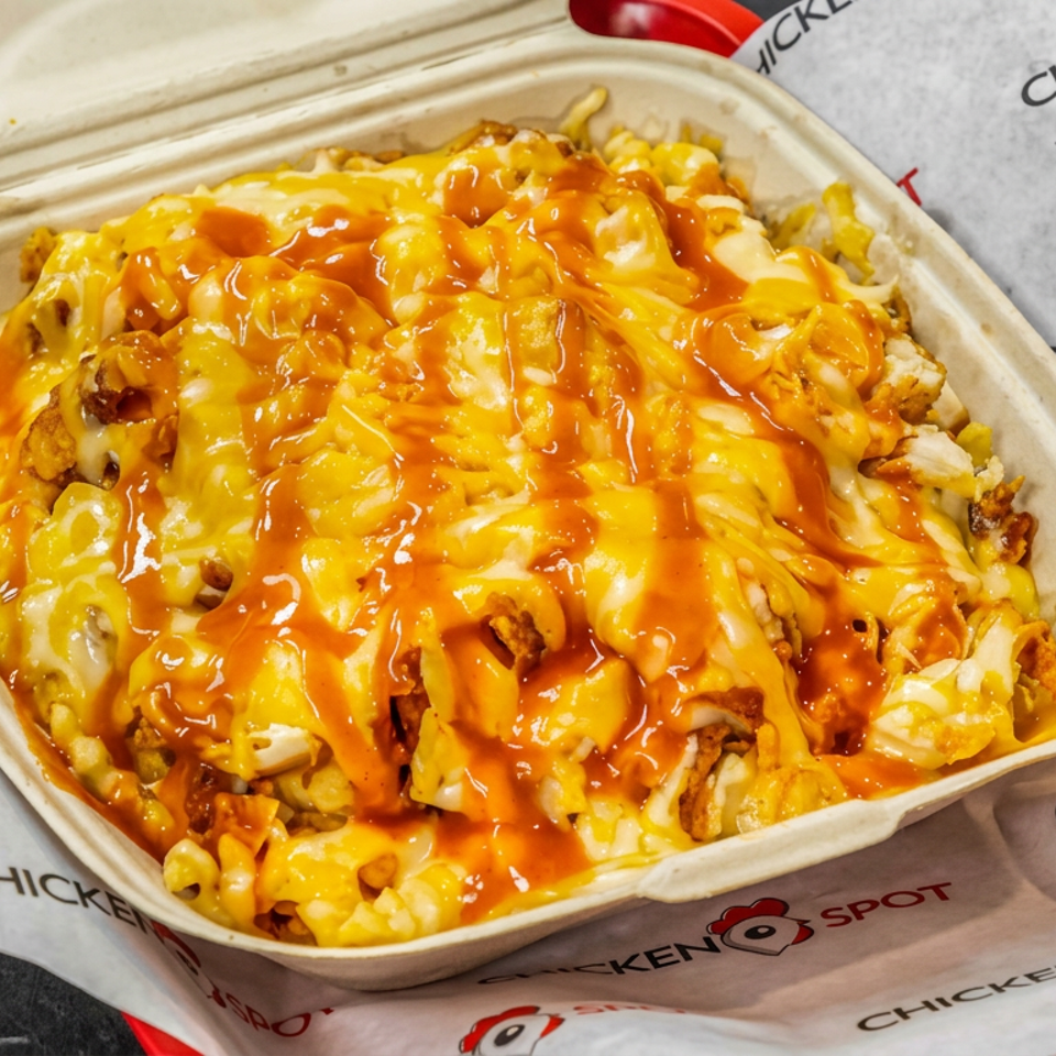 Loaded fries topped with melted cheese and orange sauce in an open takeout container on Chicken Spot branded paper.