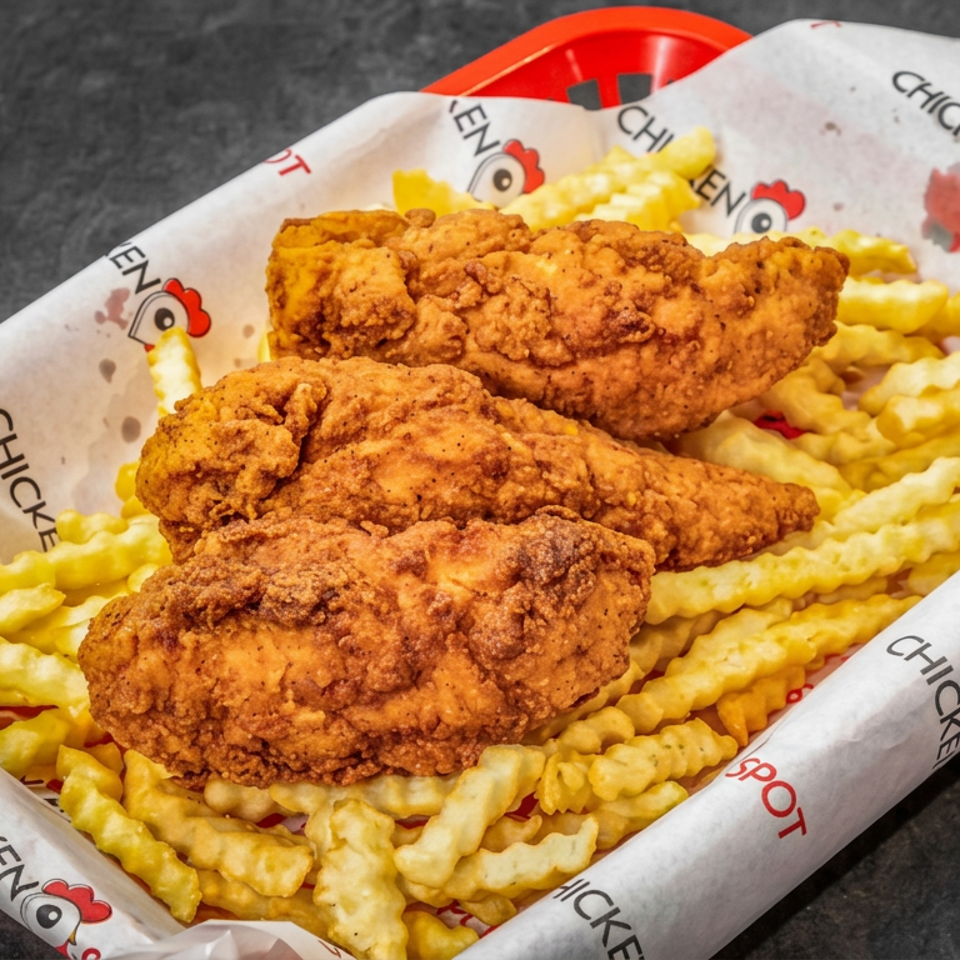 Three crispy fried chicken tenders served over crinkle-cut fries in a red Chicken Spot basket.